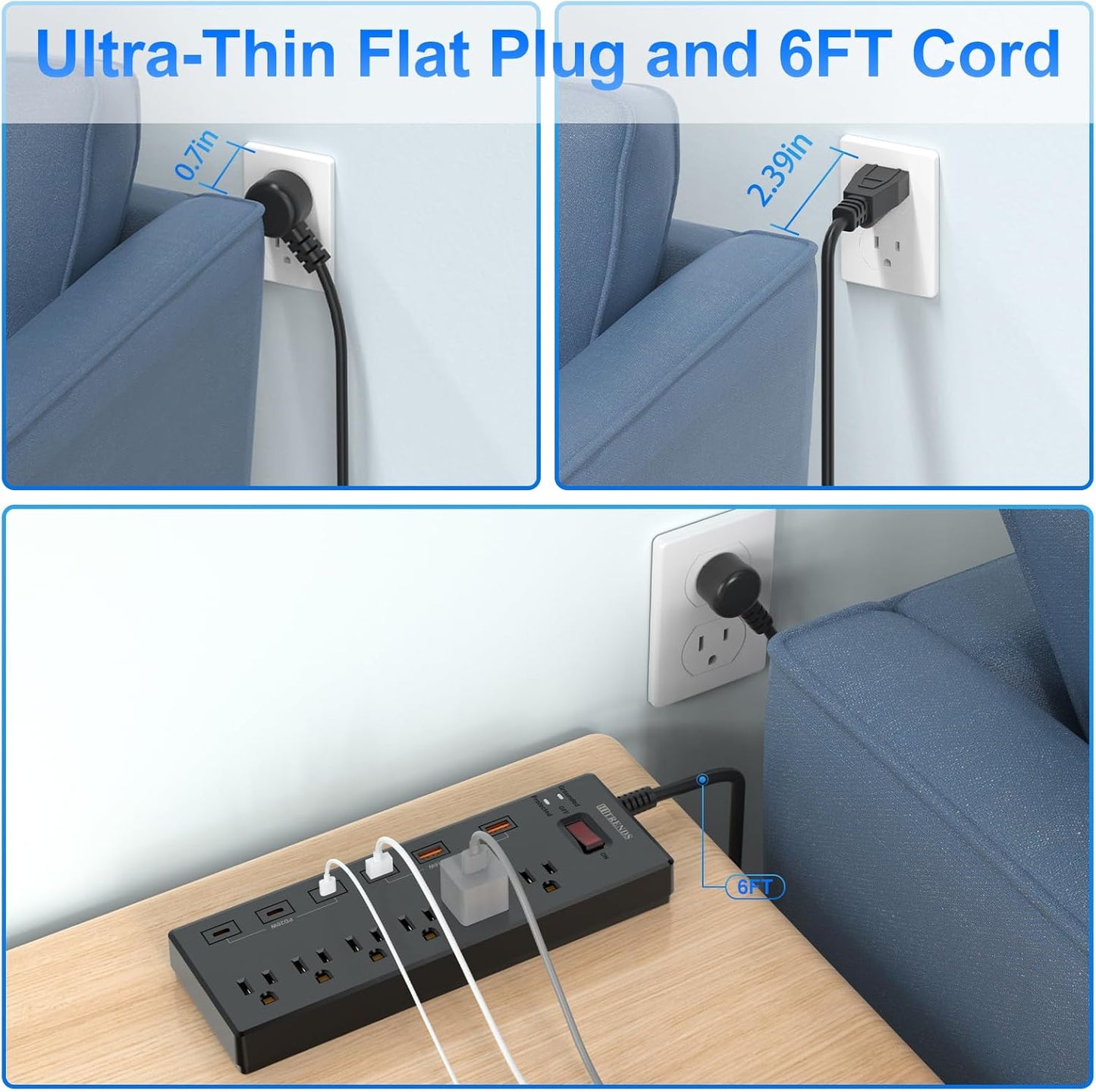 Power Strip, Surge Protector with 6 AC Outlets & 6 USB Charging Ports, 6 Feet Heavy Duty Extension Cord, 1625W/13A Multiplug for Home Office & Multiple USB Devices - Black