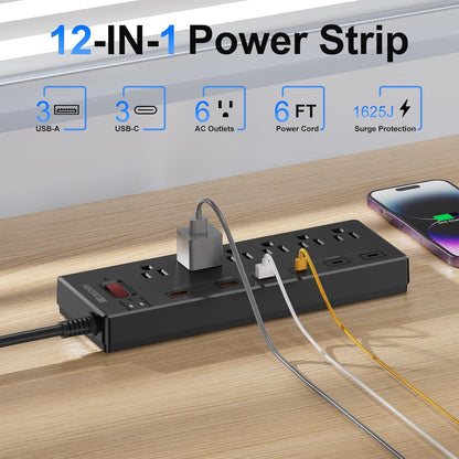 Power Strip,  Surge Protector with 6 AC Outlets & 6 USB Charging Ports, 6 Feet Heavy Duty Extension Cord, 1625W/13A Multiplug for Home Office & Multiple USB Devices - Black